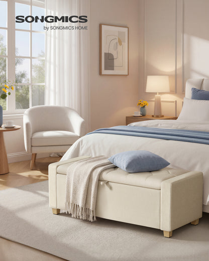 SONGMICS Storage Ottoman, Storage Chest Bench with Legs, End of Bed Bench with Safety Hinges, Pull Tab, Linen-Look Fabric, Summer Sand