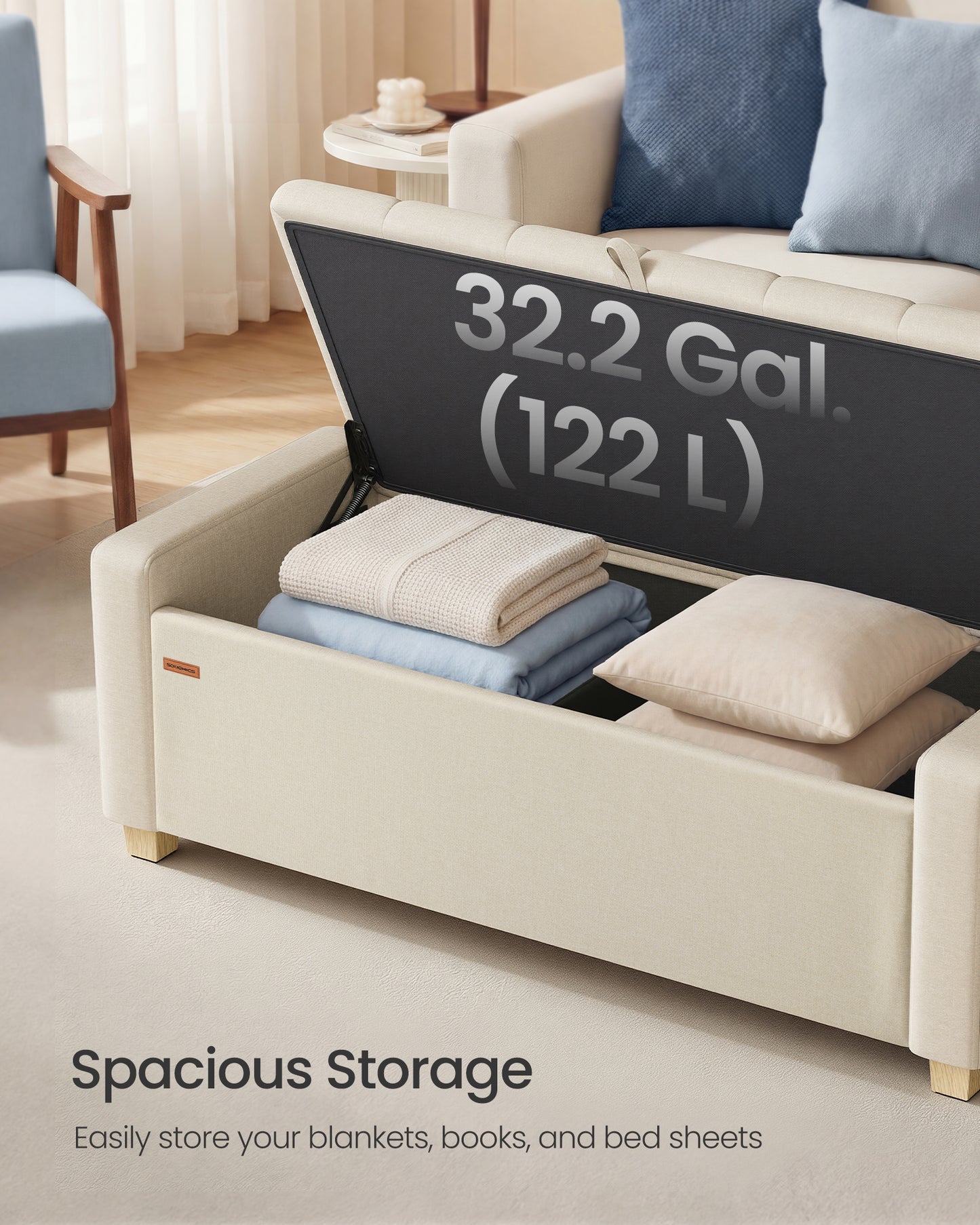 SONGMICS Storage Ottoman, Storage Chest Bench with Legs, End of Bed Bench with Safety Hinges, Pull Tab, Linen-Look Fabric, Summer Sand
