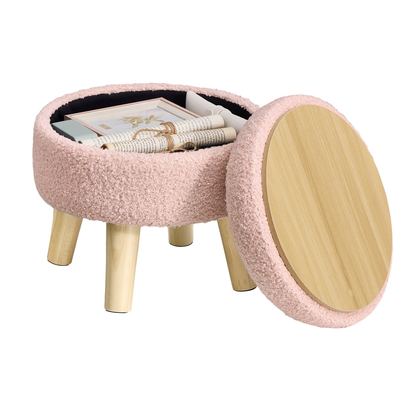 SONGMICS Storage Ottoman, Foot Stool, Round Ottoman with Padded Seat, Foot Rest with Wood Legs, Small Table, 12.2 Inches, Teddy Fleece, Jelly Pink