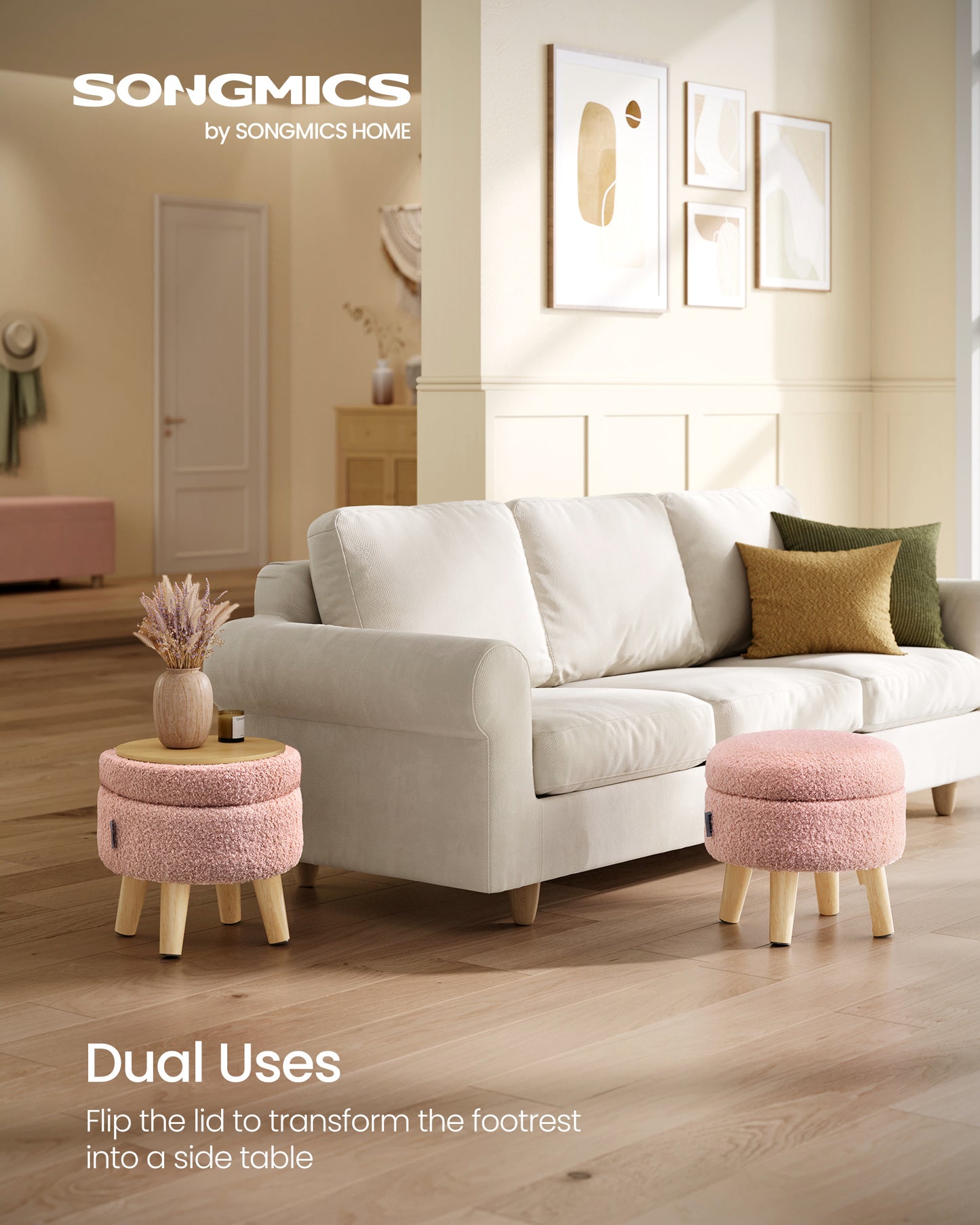 SONGMICS Storage Ottoman, Foot Stool, Round Ottoman with Padded Seat, Foot Rest with Wood Legs, Small Table, 12.2 Inches, Teddy Fleece, Jelly Pink