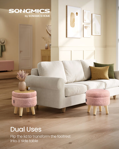 SONGMICS Storage Ottoman, Foot Stool, Round Ottoman with Padded Seat, Foot Rest with Wood Legs, Small Table, 12.2 Inches, Teddy Fleece, Jelly Pink