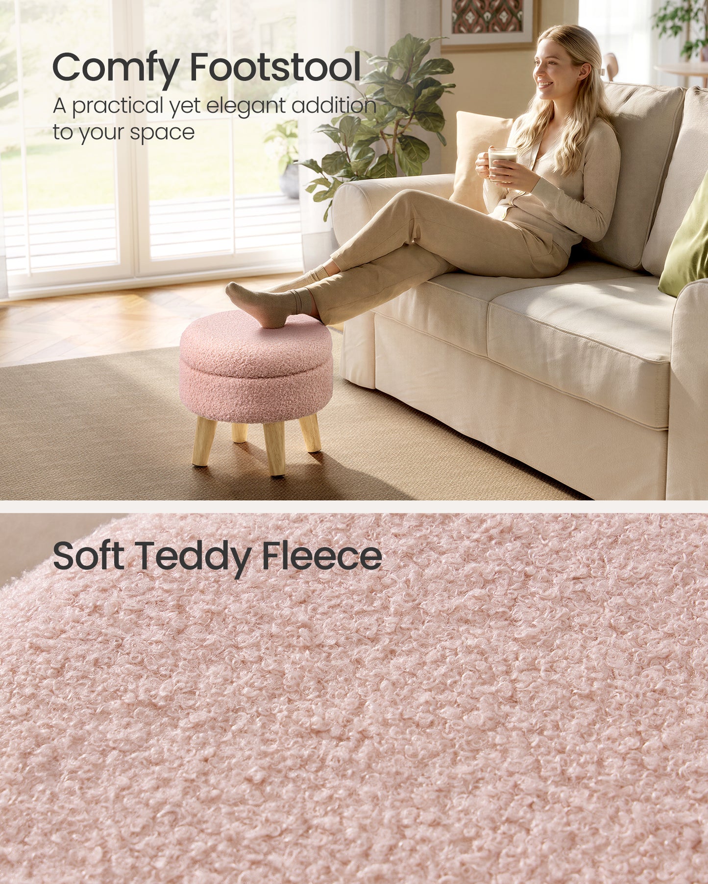 SONGMICS Storage Ottoman, Foot Stool, Round Ottoman with Padded Seat, Foot Rest with Wood Legs, Small Table, 12.2 Inches, Teddy Fleece, Jelly Pink