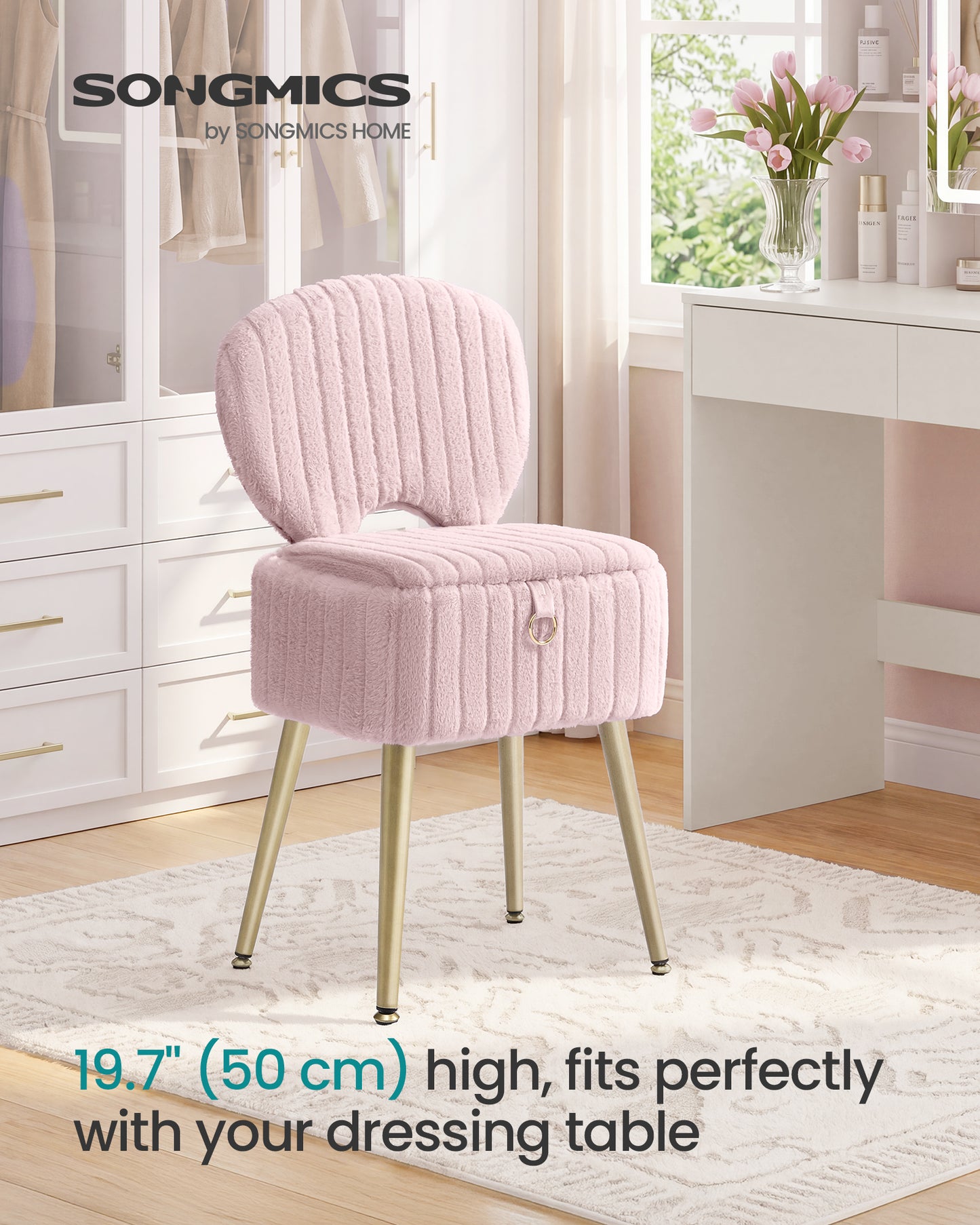 SONGMICS Vanity Stool, Makeup Chair with Folding Backrest, Plush Padded Dressing Table Stool, for 17.1 x 13 x 32.1 inch, Black Glamor Collection