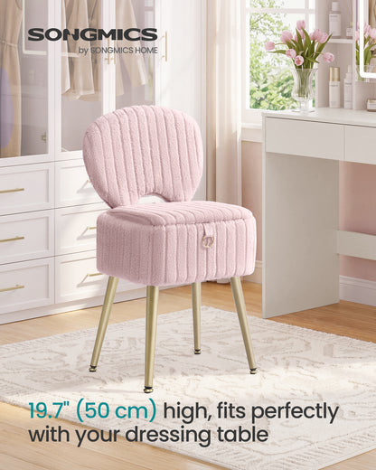 SONGMICS Vanity Stool, Makeup Chair with Folding Backrest, Plush Padded Dressing Table Stool, for 17.1 x 13 x 32.1 inch, Black Glamor Collection