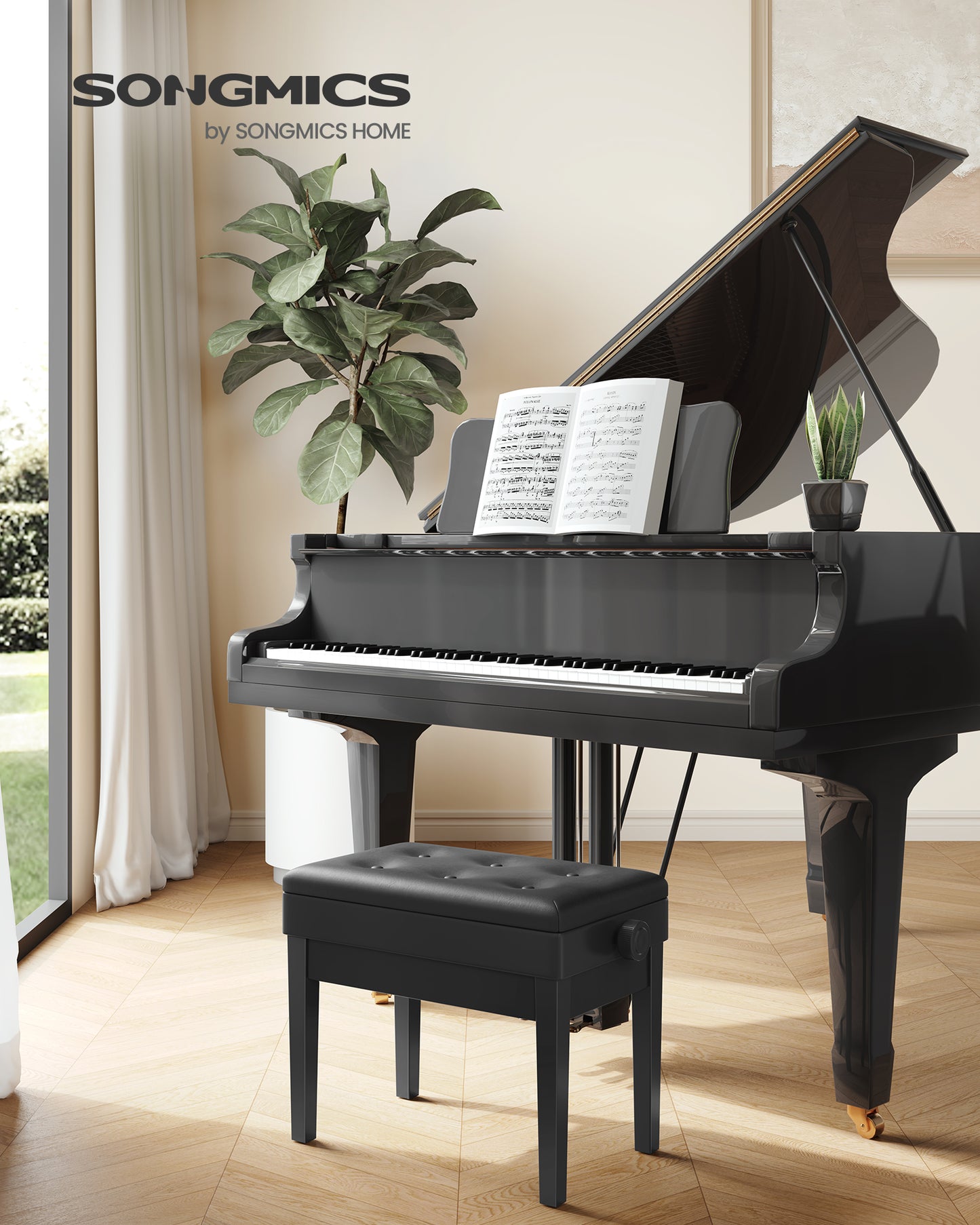 SONGMICS Adjustable Wooden Piano Bench Stool Sheet Music Storage Black