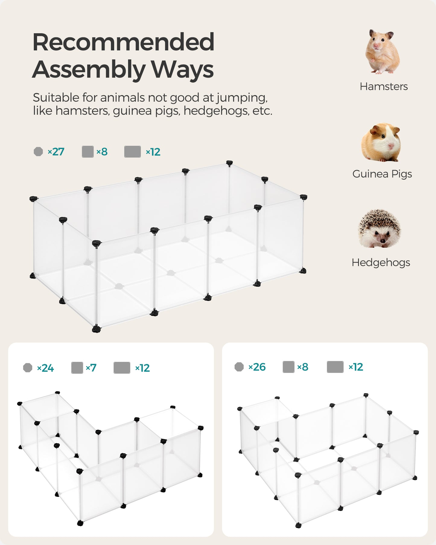 20 Panels Pet Playpen with Floor, Small Animal Playpen, Pet Fence Indoor, DIY Plastic Enclosure for Guinea Pigs, Bunny, Hamsters, Hedgehogs, 49.2 x 24.8 x 16.5 Inches, White