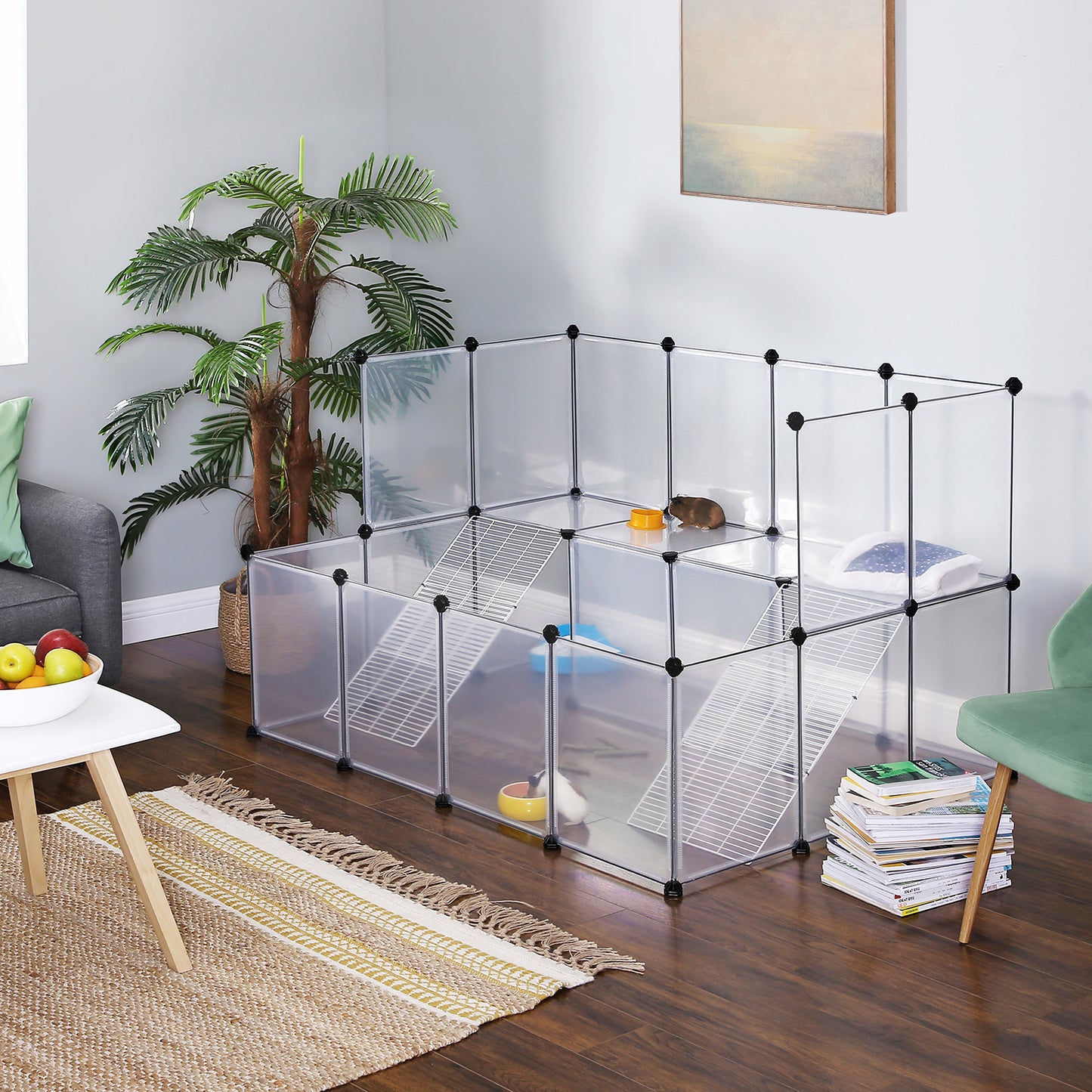 Guinea Pig Playpen with Dense Ramp, Indoor Rabbit Run Hutch Cage, Large Exercise Enclosure with Stairs, DIY Plastic Modular Fence for Hamster, Pet, Small Animals, White