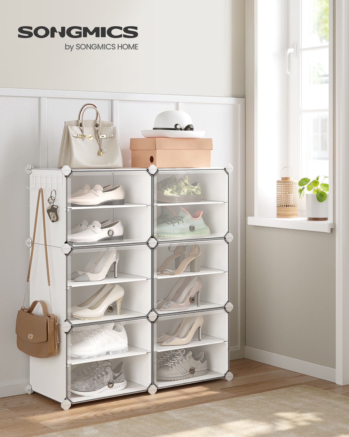 Shoe Rack, 6 Cubes Shoe Organizer with Doors, 24 Pair Plastic Shoe Storage Cabinet, White