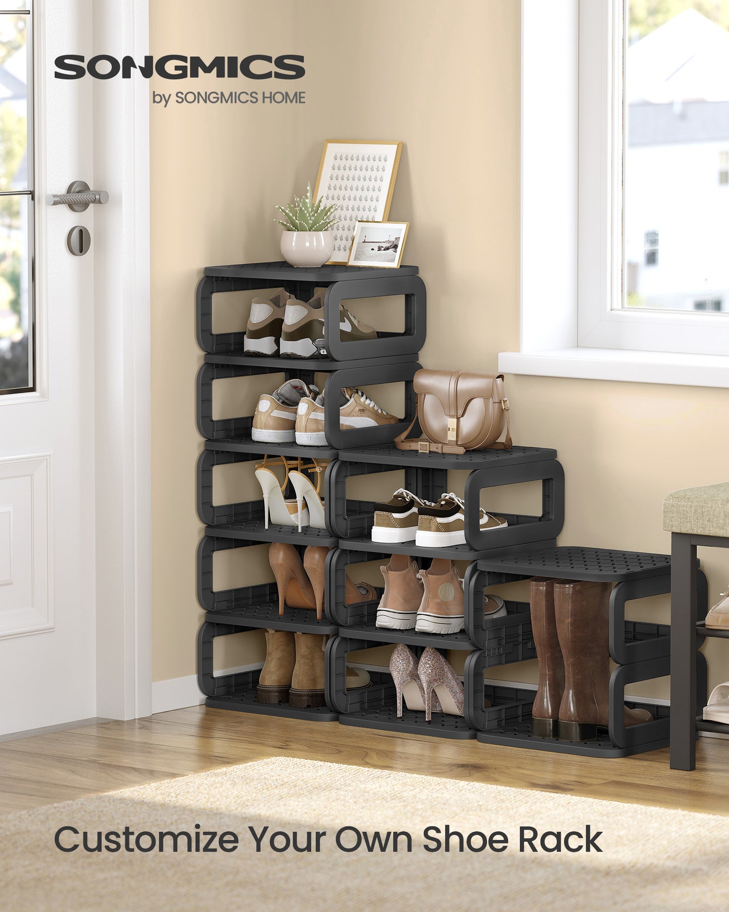 Shoe Rack, Shoe Organizer, 12 Shelves, Shoe Storage, Narrow Shoe Shelf, Open Shelf for Entryway, Living Room, Space-Saving, Ink Black