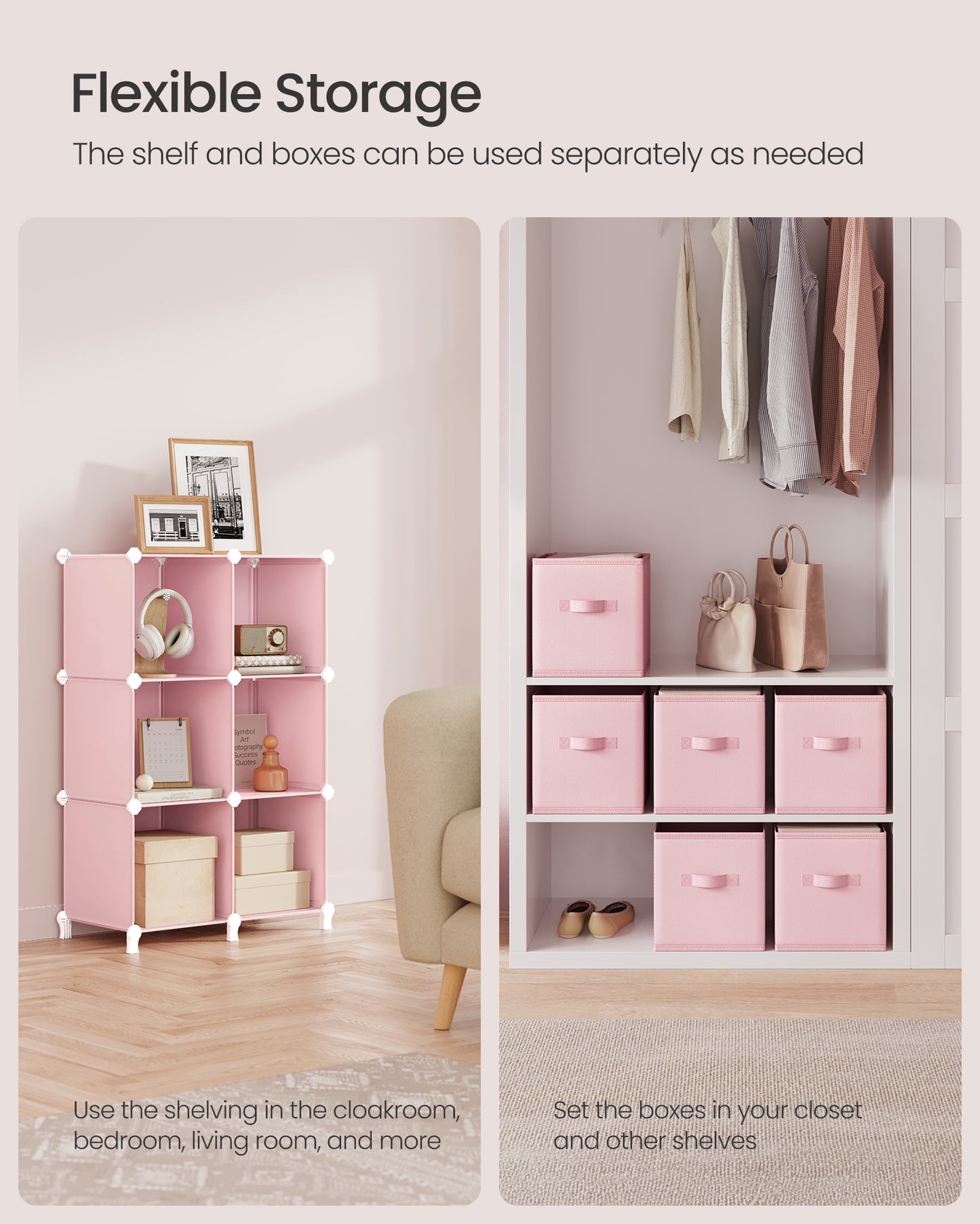 Cube Storage Organizer with Storage Boxes, Set of 6-Cube Organizer, 6 Collapsible Non-Woven Fabric Bins, Customizable, Space-Saving, Bedroom, Jelly Pink