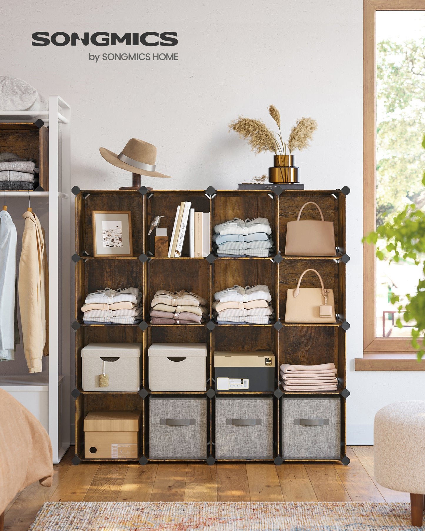 Cube Storage Organizer, Set of 16 Plastic Cubes, Cube Shelf, Book Shelf, Closet Organizers and Storage, Room Organization, 12.2 x 48.4 x 48.4 Inches