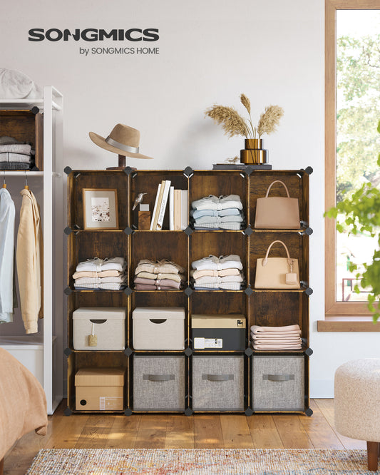 Cube Storage Organizer, Set of 16 Plastic Cubes, Cube Shelf, Book Shelf, Closet Organizers and Storage, Room Organization, 12.2 x 48.4 x 48.4 Inches