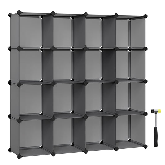Gray Cube Storage Organizer Set of 16 Plastic Cubes. Functions as a Book Shelf and Closet Organizer. Sized 12.2 x 48.4 x 48.4 Inches