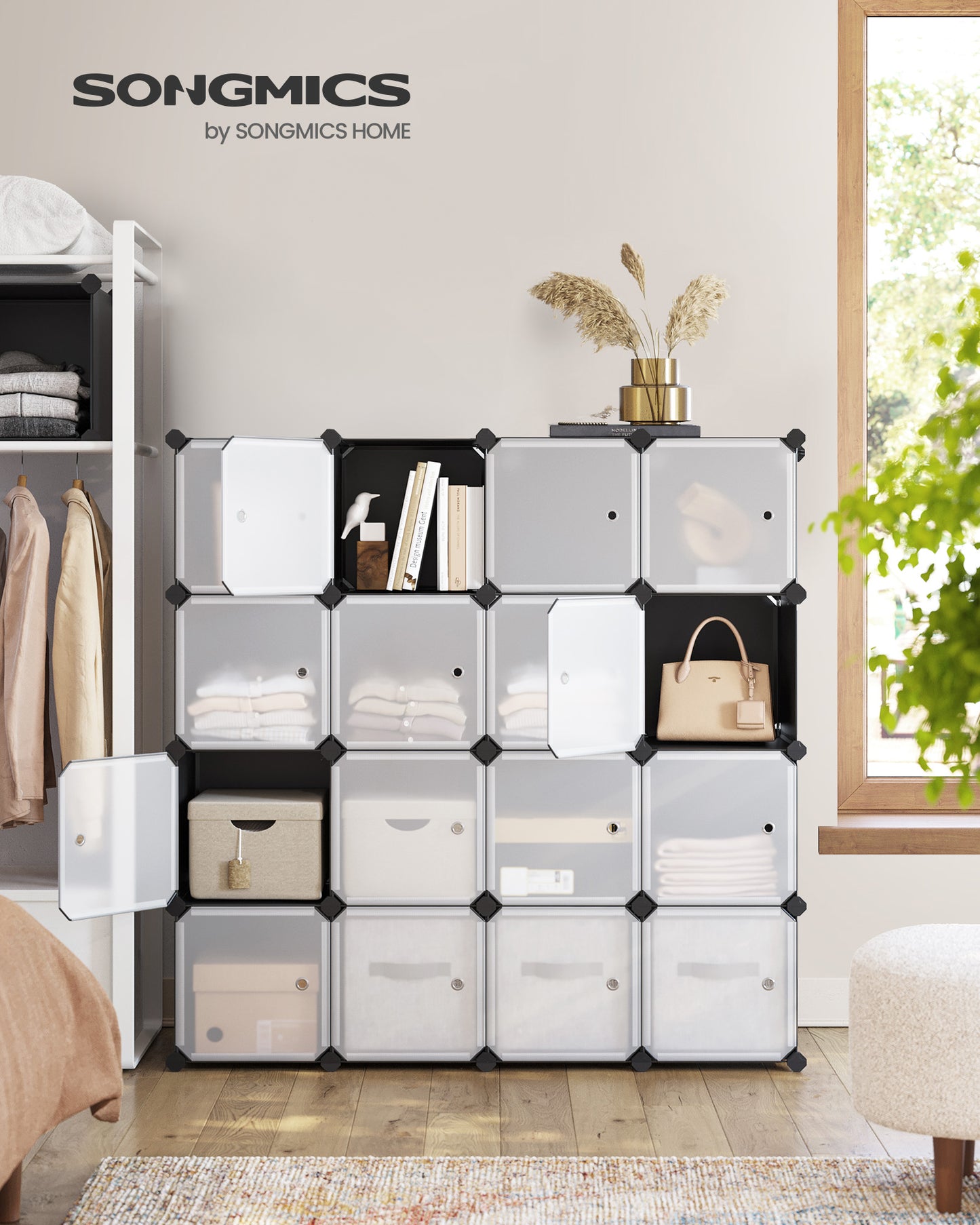 Set of 16 Modular Plastic Cubes with Doors, 11.8-Inch DIY Storage Organizer for Closet Bedroom, Black and White