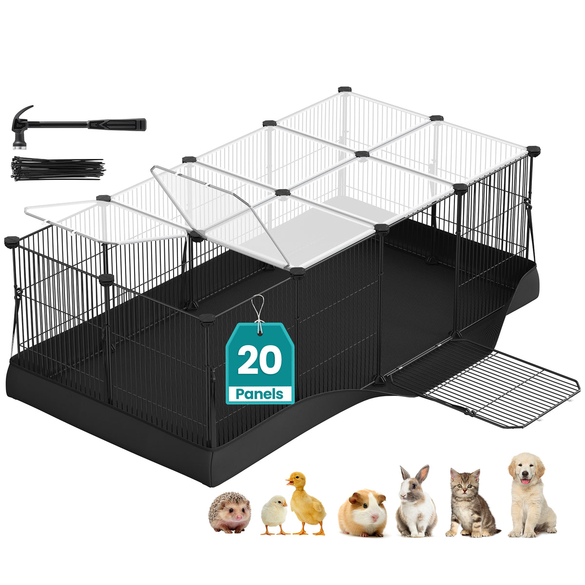 SONGMICS Guinea Pig Cage, Rabbit Cage, Small Animal Playpen with Waterproof Mat, Top and Side Door, 20 Panels, 48.4 x 24.8 x 16.3 Inches, Ink Black