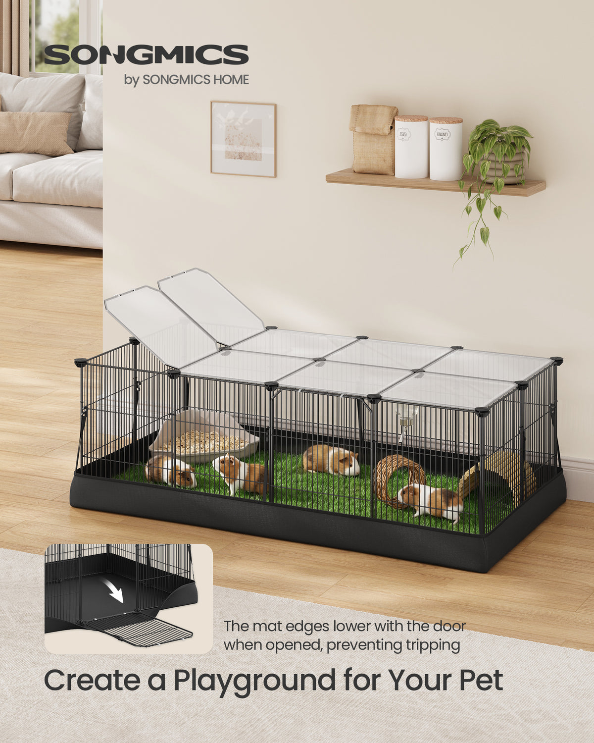 SONGMICS Guinea Pig Cage, Rabbit Cage, Small Animal Playpen with Waterproof Mat, Top and Side Door, 20 Panels, 48.4 x 24.8 x 16.3 Inches, Ink Black