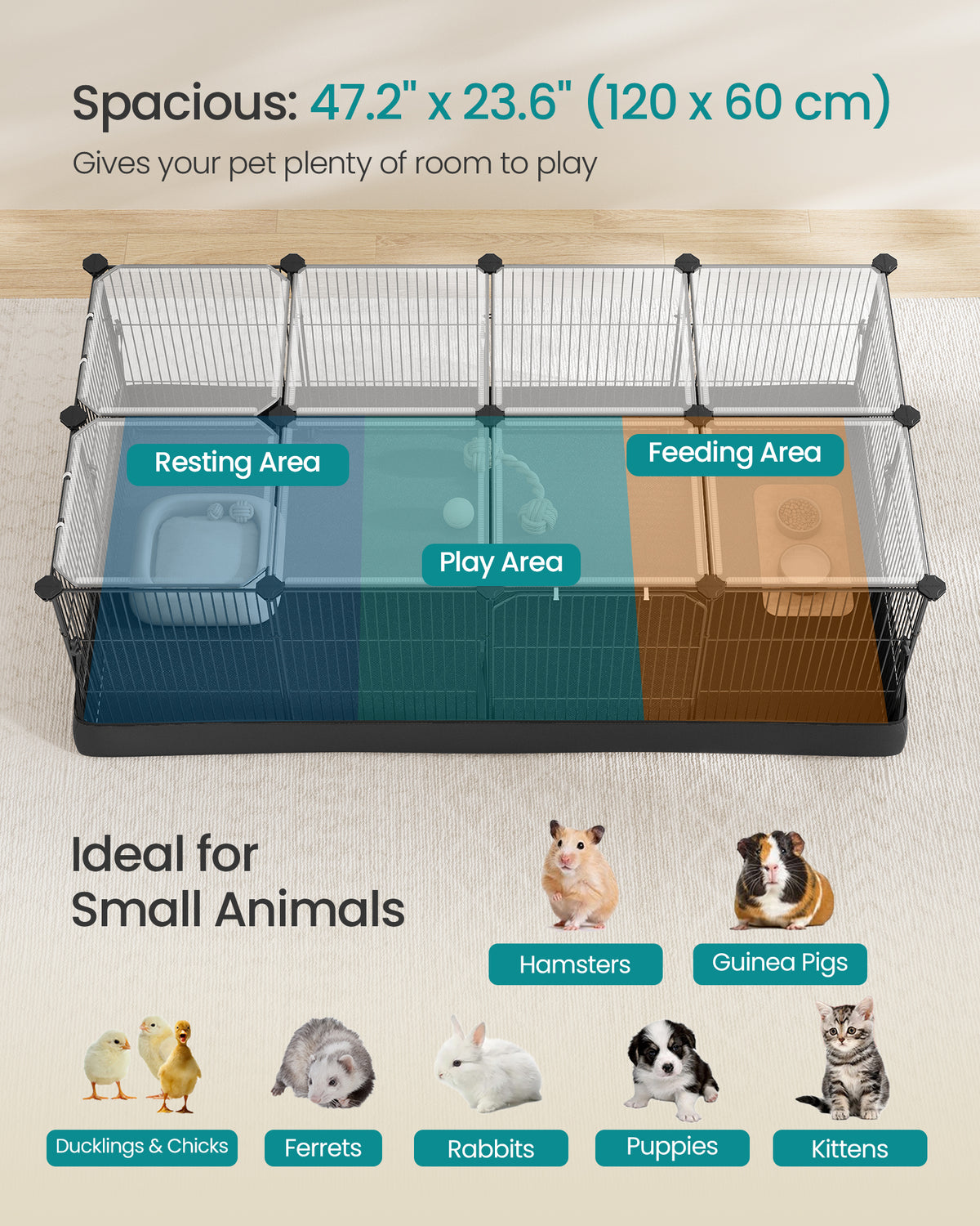 SONGMICS Guinea Pig Cage, Rabbit Cage, Small Animal Playpen with Waterproof Mat, Top and Side Door, 20 Panels, 48.4 x 24.8 x 16.3 Inches, Ink Black