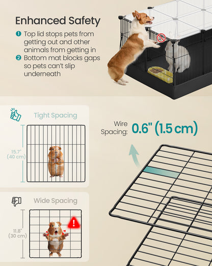 SONGMICS Guinea Pig Cage, Rabbit Cage, Small Animal Playpen with Waterproof Mat, Top and Side Door, 20 Panels, 48.4 x 24.8 x 16.3 Inches, Ink Black