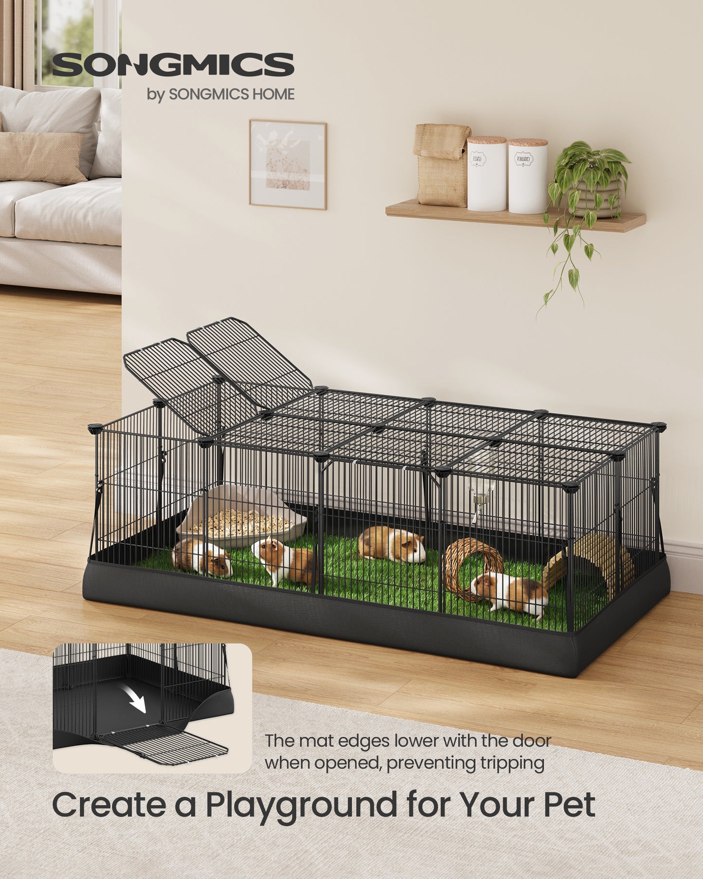 SONGMICS Guinea Pig Cage, Rabbit Cage, Small Animal Playpen with Waterproof Mat, Top and Side Door, 20 Panels, 48.4 x 24.8 x 16.3 Inches, Ink Black