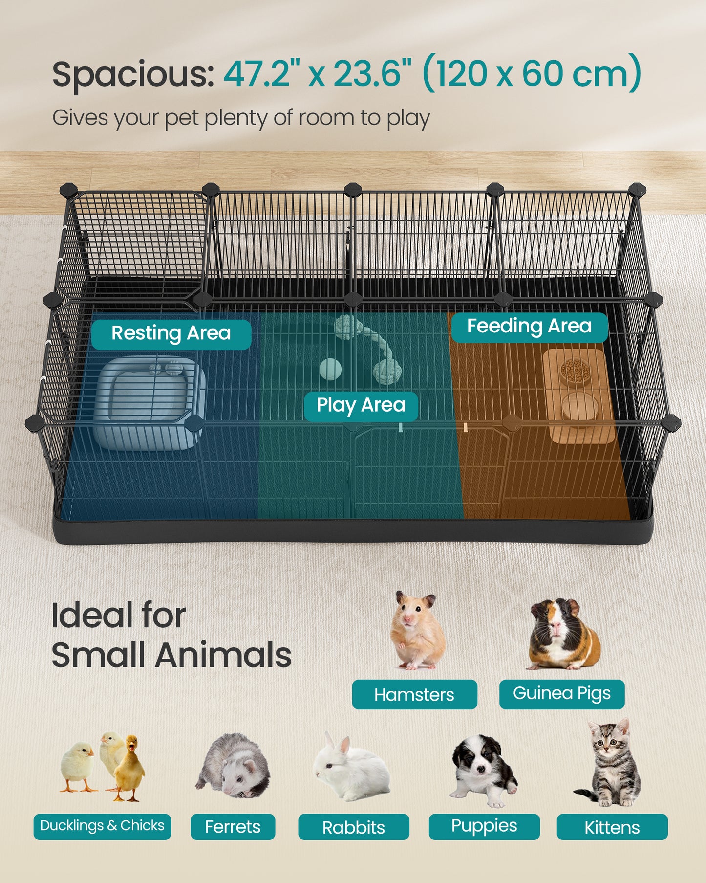 SONGMICS Guinea Pig Cage, Rabbit Cage, Small Animal Playpen with Waterproof Mat, Top and Side Door, 20 Panels, 48.4 x 24.8 x 16.3 Inches, Ink Black