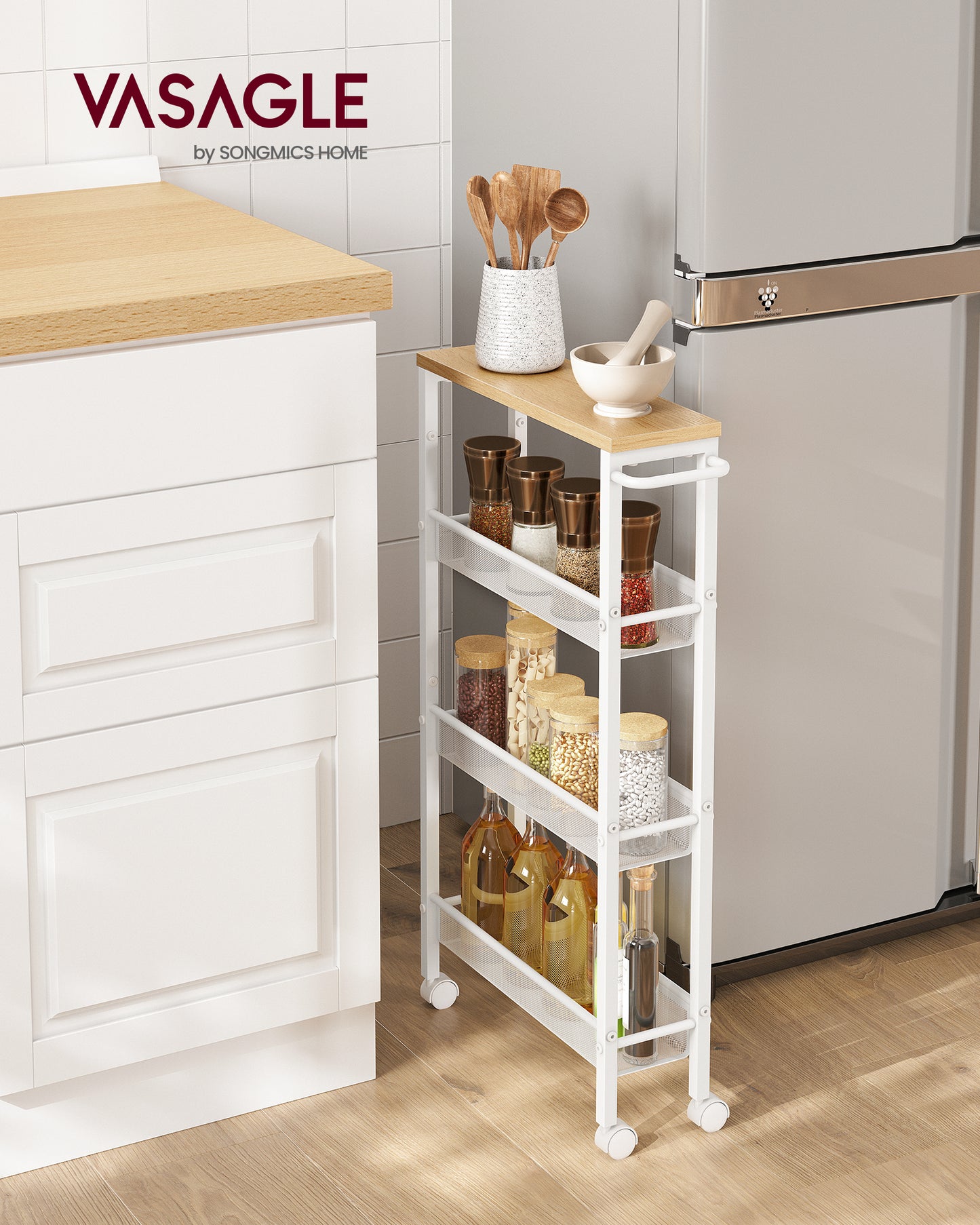 Slim Rolling Cart, 4-Tier Storage Cart, Narrow Cart with Handle, 5.1 Inches Deep, Metal Frame, for Kitchen, Dining Room, Living Room, Home Office