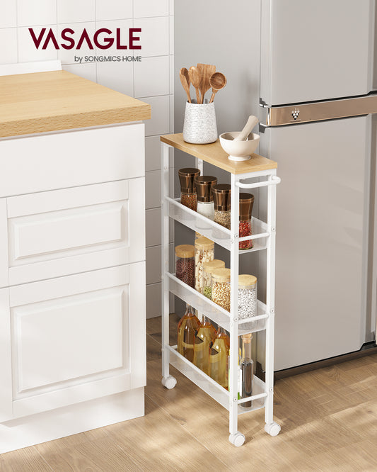 Slim Rolling Cart, 4-Tier Storage Cart, Narrow Cart with Handle, 5.1 Inches Deep, Metal Frame, for Kitchen, Dining Room, Living Room, Home Office