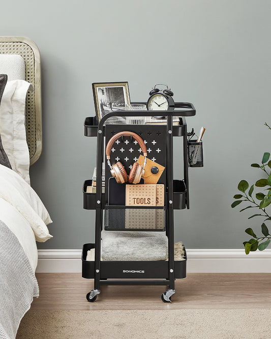 3-Tier Storage Cart, Rolling Utility Cart, Metal Mesh Shelves, 2 Removable Pegboards, 2 Hanging Holders, 4 Hooks, Craft Cart for Living Room, Kitchen, Office, Bathroom, Ink Black