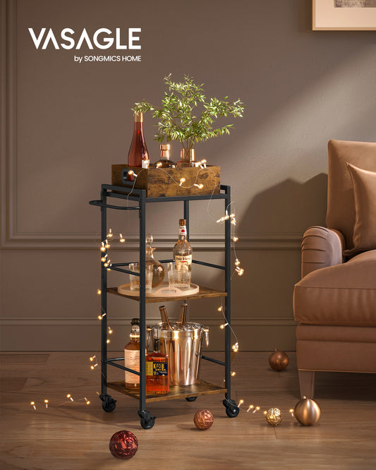 3-Tier Kitchen Serving Cart with Removable Tray, 11.8" x 13.7" x 33.9", Rustic Brown & Black, Wheels with Brakes & Leveling Feet.