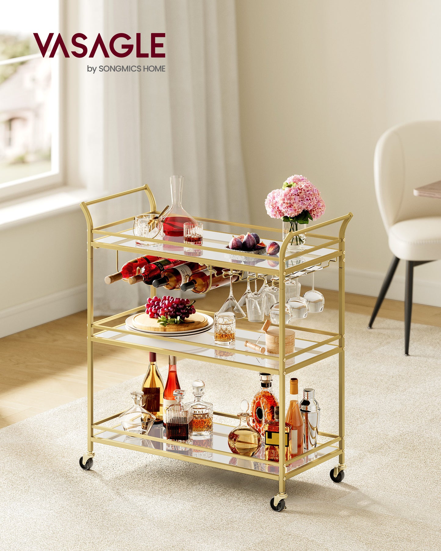 3-Tier Gold Bar Cart with Mirrored Shelves, Serving Cart with 4 Wine Bottle Holders & 3 Glass Racks, Locking Wheels for Kitchen Living Room, Gold