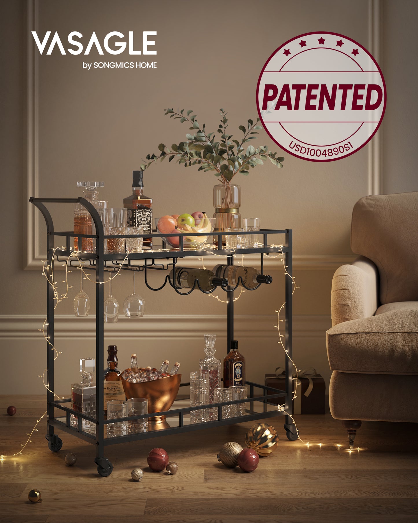 Bar Cart , Home Bar Serving Cart, Wine Cart With 2 Mirrored Shelves, Wine Holders, Glass Holders, For Kitchen, Dining Room