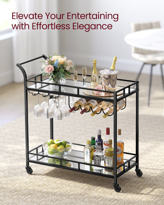 Bar Cart Black, Home Bar Serving Cart, Wine Cart with 2 Mirrored Shelves, Wine Holders, Glass Holders, for Kitchen, Dining Room, Black