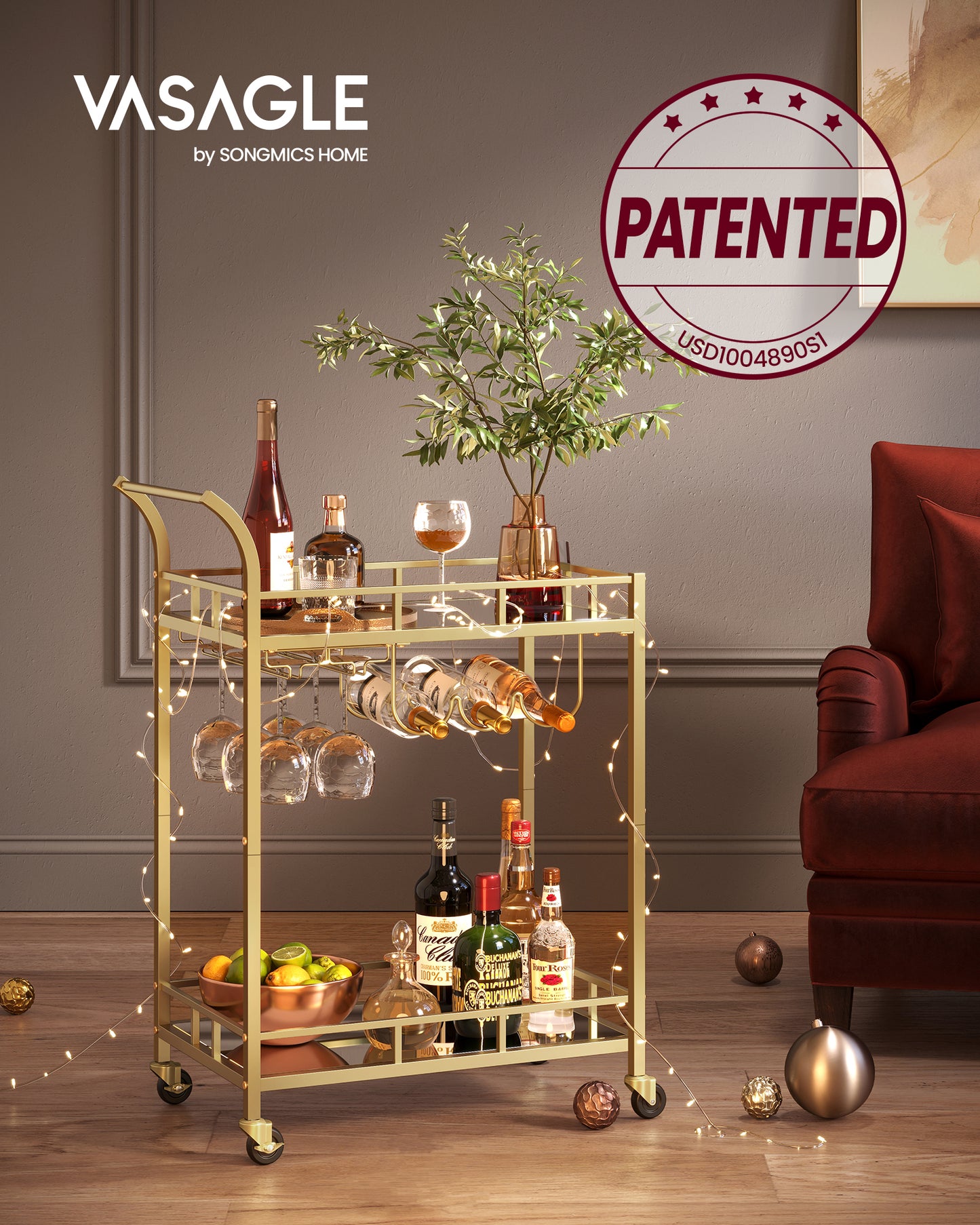 Bar Cart Gold, Home Bar Serving Cart, Wine Cart With 2 Mirrored Shelves, Wine Holders, Glass Holders, For Kitchen, Dining Room