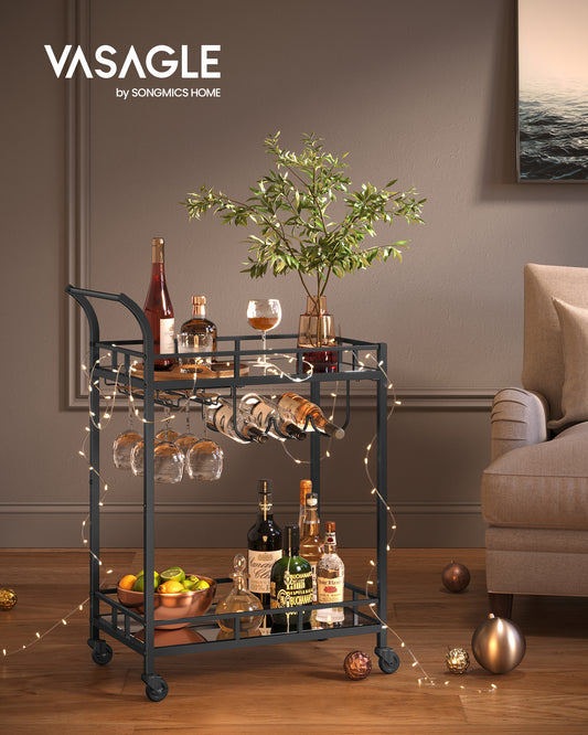 Bar Cart Black, Home Bar Serving Cart, Wine Cart with 2 Mirrored Shelves, Wine Holders