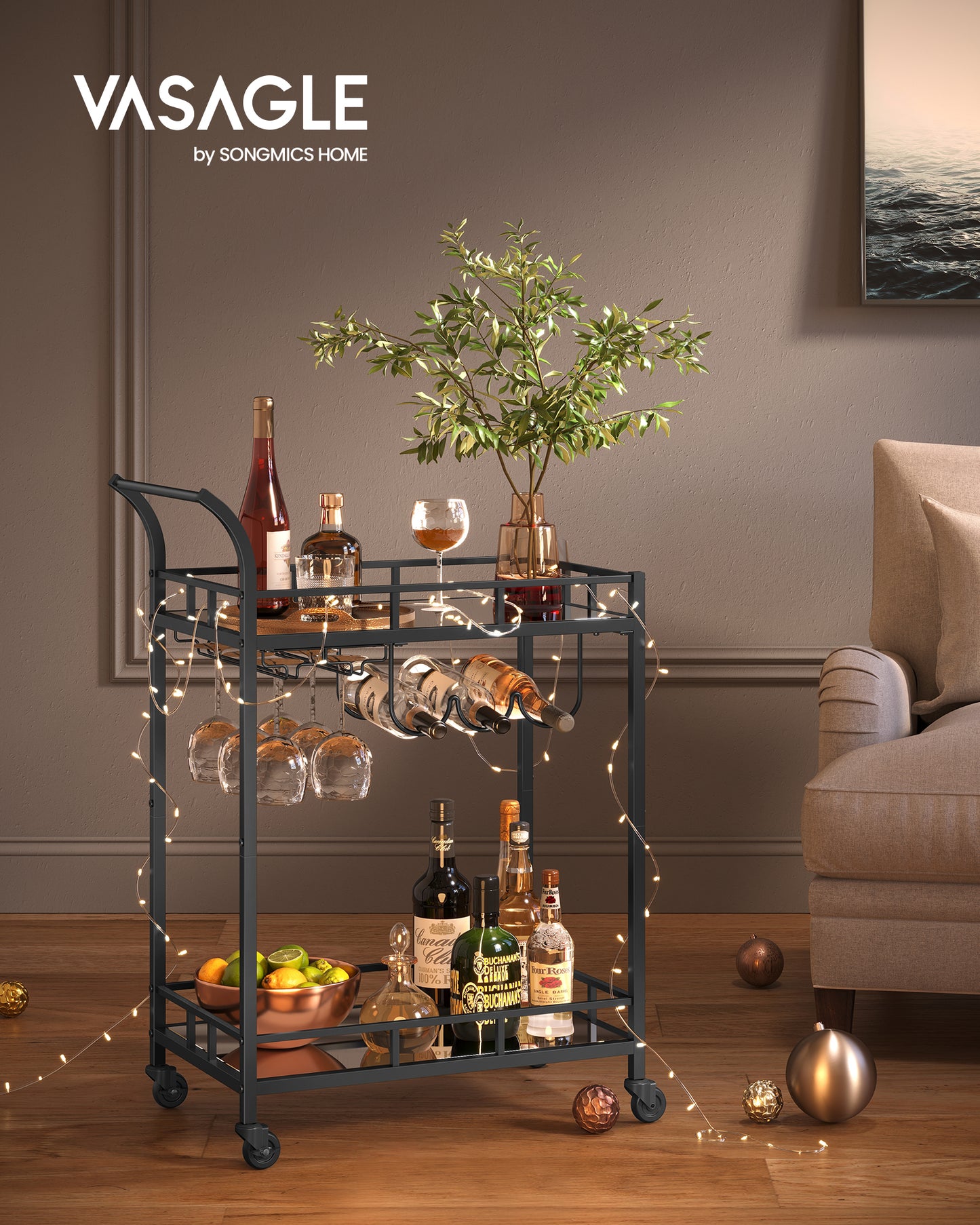 Bar Cart Black, Home Bar Serving Cart, Wine Cart With 2 Mirrored Shelves, Wine Holders, Glass Holders, For Kitchen, Dining Room