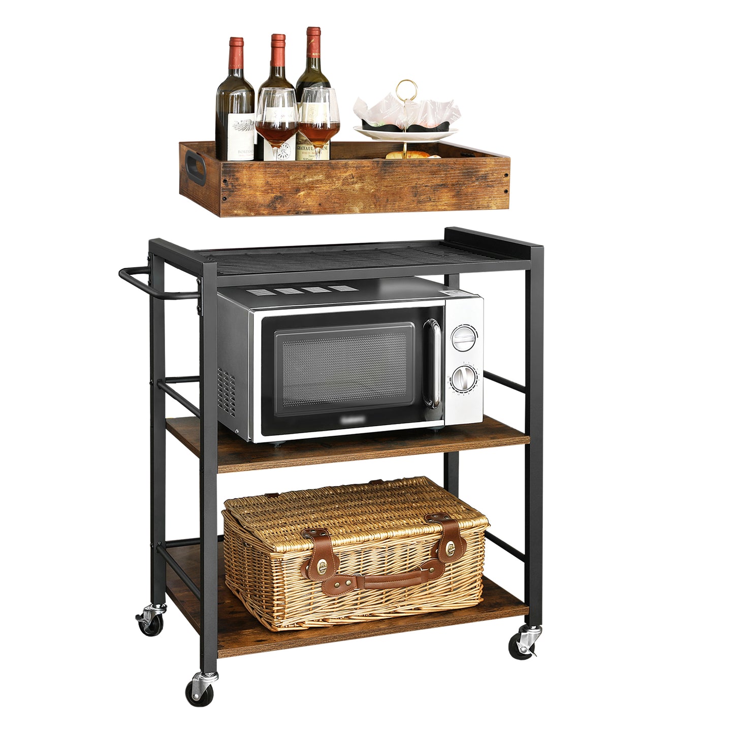 Kitchen Serving Cart with Removable Tray, 3-Tier Kitchen Utility Cart on Wheels with Storage, with Brakes, Leveling Feet, 15.7 x 28.3 x 33.9 Inches, Rustic Brown and Black