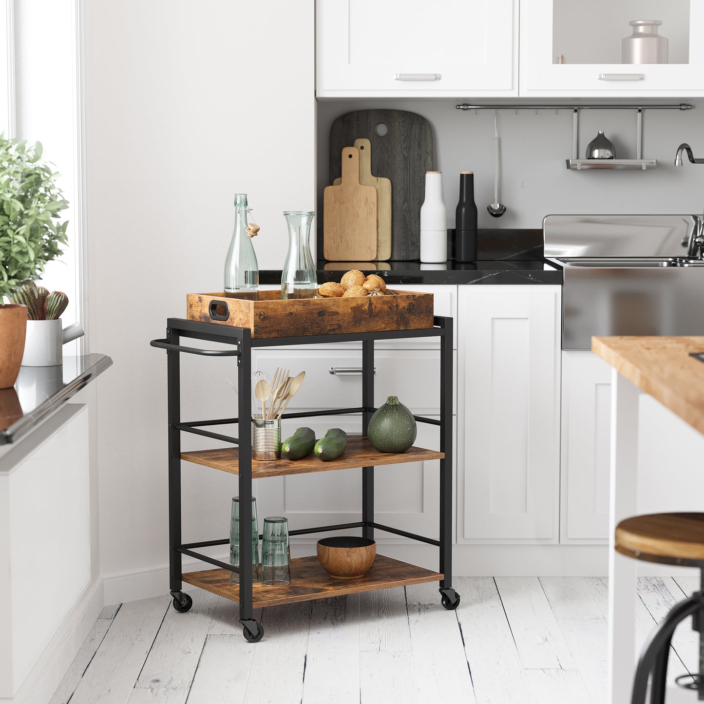 Kitchen Serving Cart with Removable Tray, 3-Tier Kitchen Utility Cart on Wheels with Storage, with Brakes, Leveling Feet, 15.7 x 28.3 x 33.9 Inches, Rustic Brown and Black