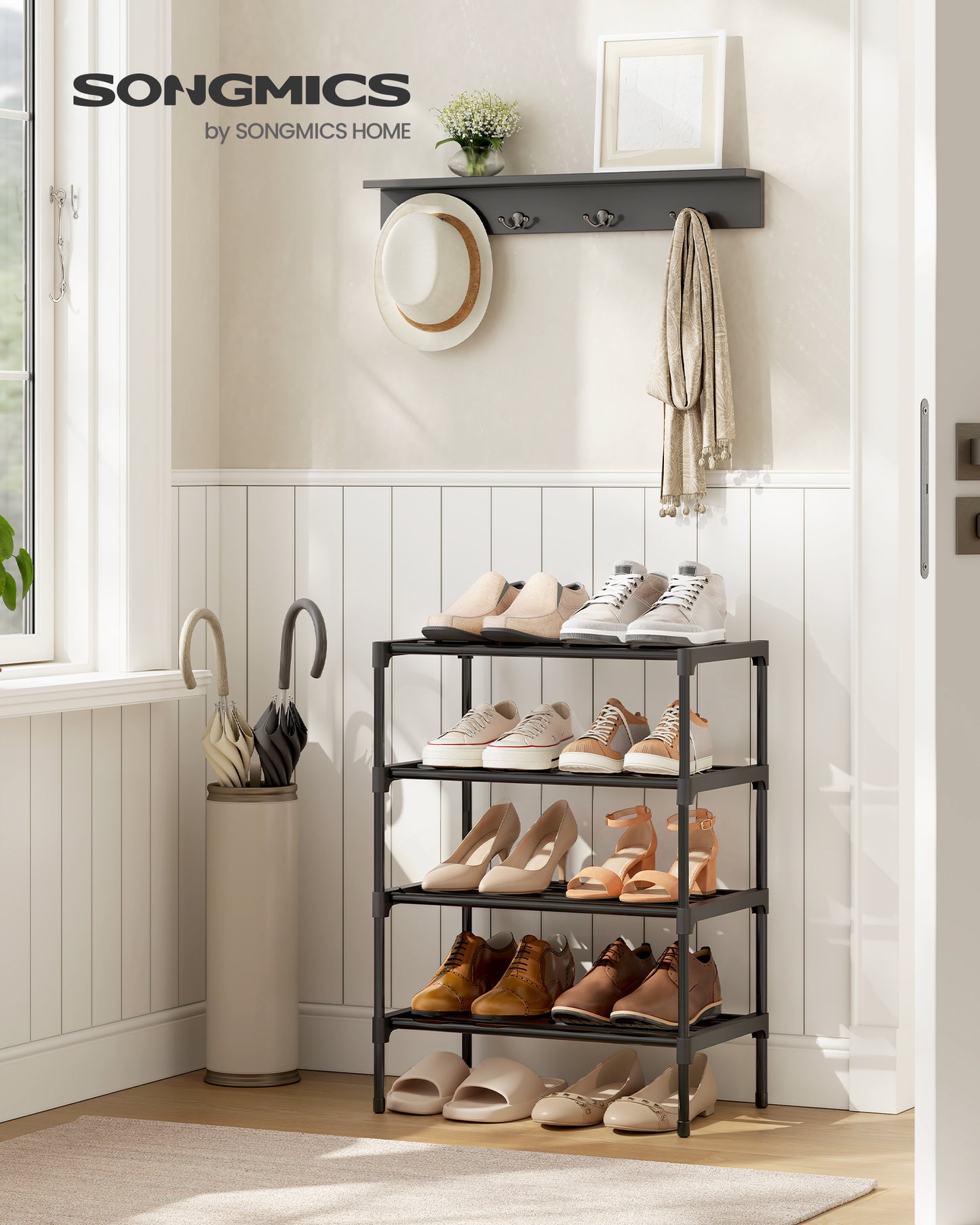 SONGMICS 4-Tier Shoe Rack for Closet, Compact Metal Shoe Organizer Shelf for Entryway, Bedroom, Small Spaces, 11.8 x 17.7 x 26 Inches, Black