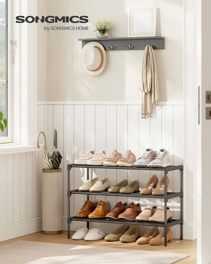 SONGMICS 3-Tier Shoe Rack for Closet, Compact Metal Shoe Organizer Shelf for Entryway, Bedroom, Small Spaces, Stackable, 11.8 x 24.5 x 21.7 Inches, Black