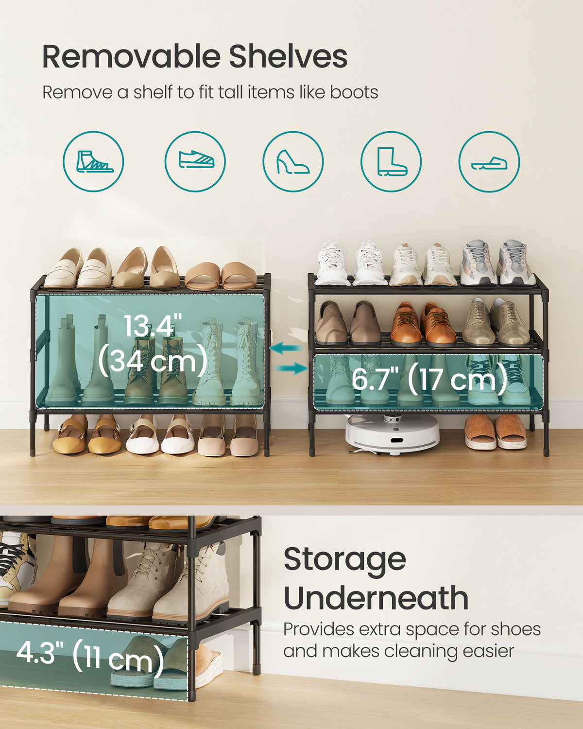 SONGMICS 3-Tier Shoe Rack for Closet, Compact Metal Shoe Organizer Shelf for Entryway, Bedroom, Small Spaces, Stackable, 11.8 x 24.5 x 21.7 Inches, Black