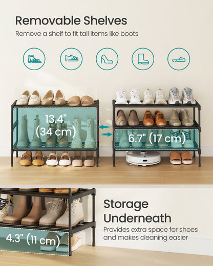 SONGMICS 3-Tier Shoe Rack for Closet, Compact Metal Shoe Organizer Shelf for Entryway, Bedroom, Small Spaces, Stackable, 11.8 x 24.5 x 21.7 Inches, Black