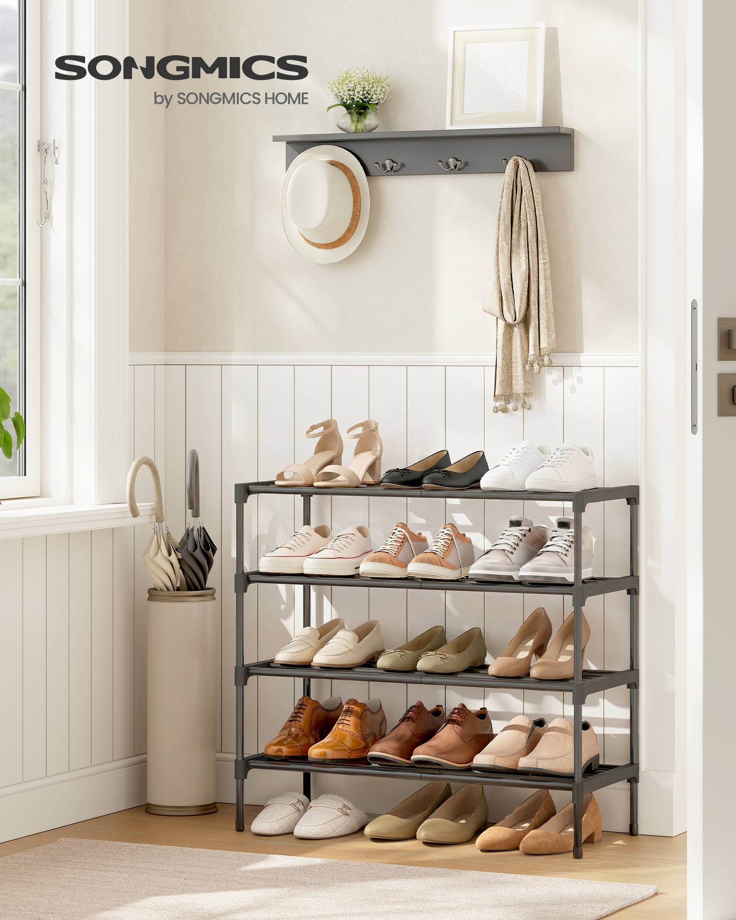 SONGMICS 4-Tier Shoe Rack for Closet, Compact Metal Shoe Organizer Shelf for Entryway, Bedroom, Small Spaces, Stackable, 11.8 x 24.5 x 26 Inches,Black