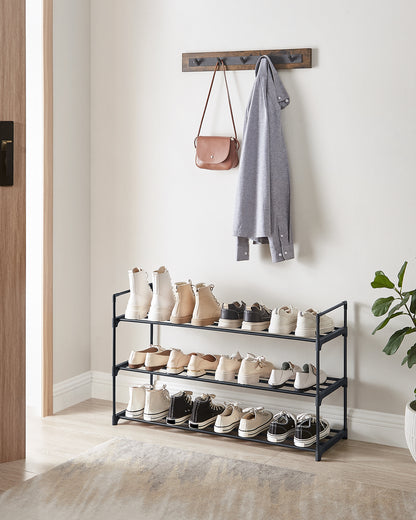 Shoe Rack, 3-Tier Shoe Storage Organizer, Metal Shoe Shelf, 12 to 15 Pairs Shoes, Stackable Shoe Tower for Living Room, Entryway, Hallway, Closet, Black