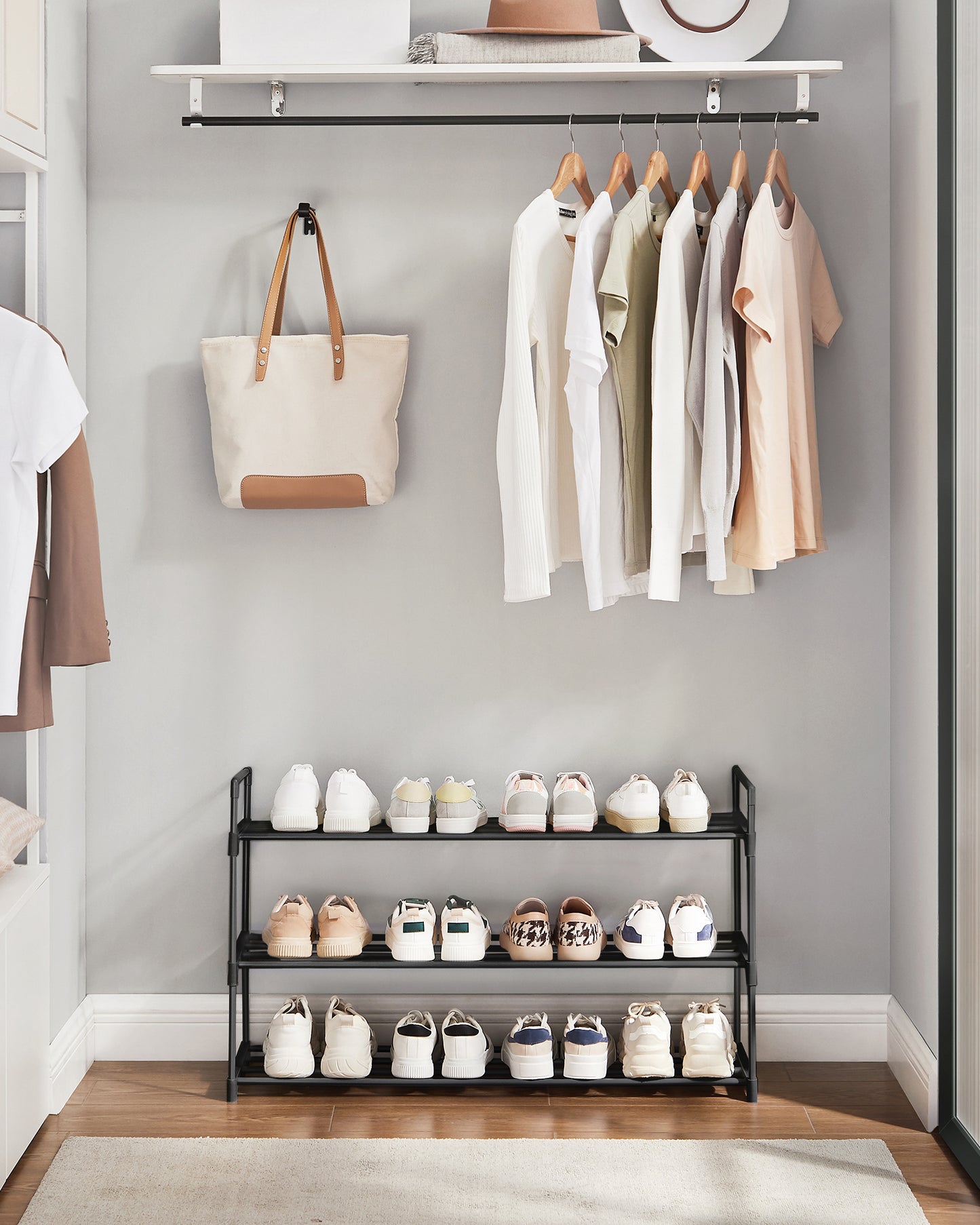 Shoe Rack, 3-Tier Shoe Storage Organizer, Metal Shoe Shelf, 12 to 15 Pairs Shoes, Stackable Shoe Tower for Living Room, Entryway, Hallway, Closet, Black