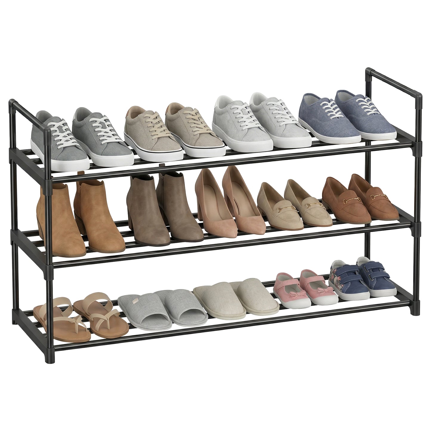 3-Tier Metal Shoe Rack Organizer, Stackable Shoe Shelf Holds 12-15 Pairs, Space Saving Design, Black