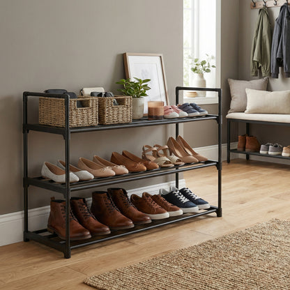3-Tier Metal Shoe Rack Organizer, Stackable Shoe Shelf Holds 12-15 Pairs, Space Saving Design, Black