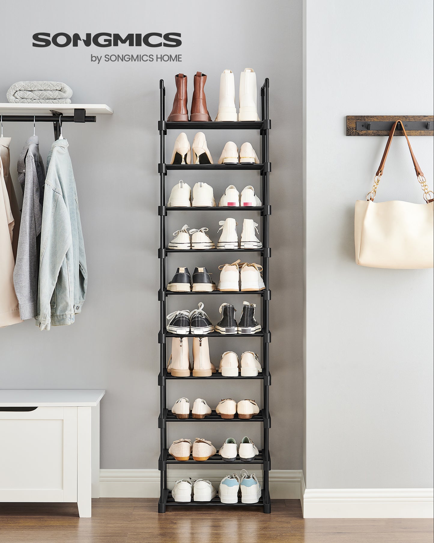 SONGMICS Shoe Rack, 10 Tier Shoe Organizer, Metal Shoe Storage Shelf for 20 Pairs of Shoes, Easy to Assemble, Entryway, Black