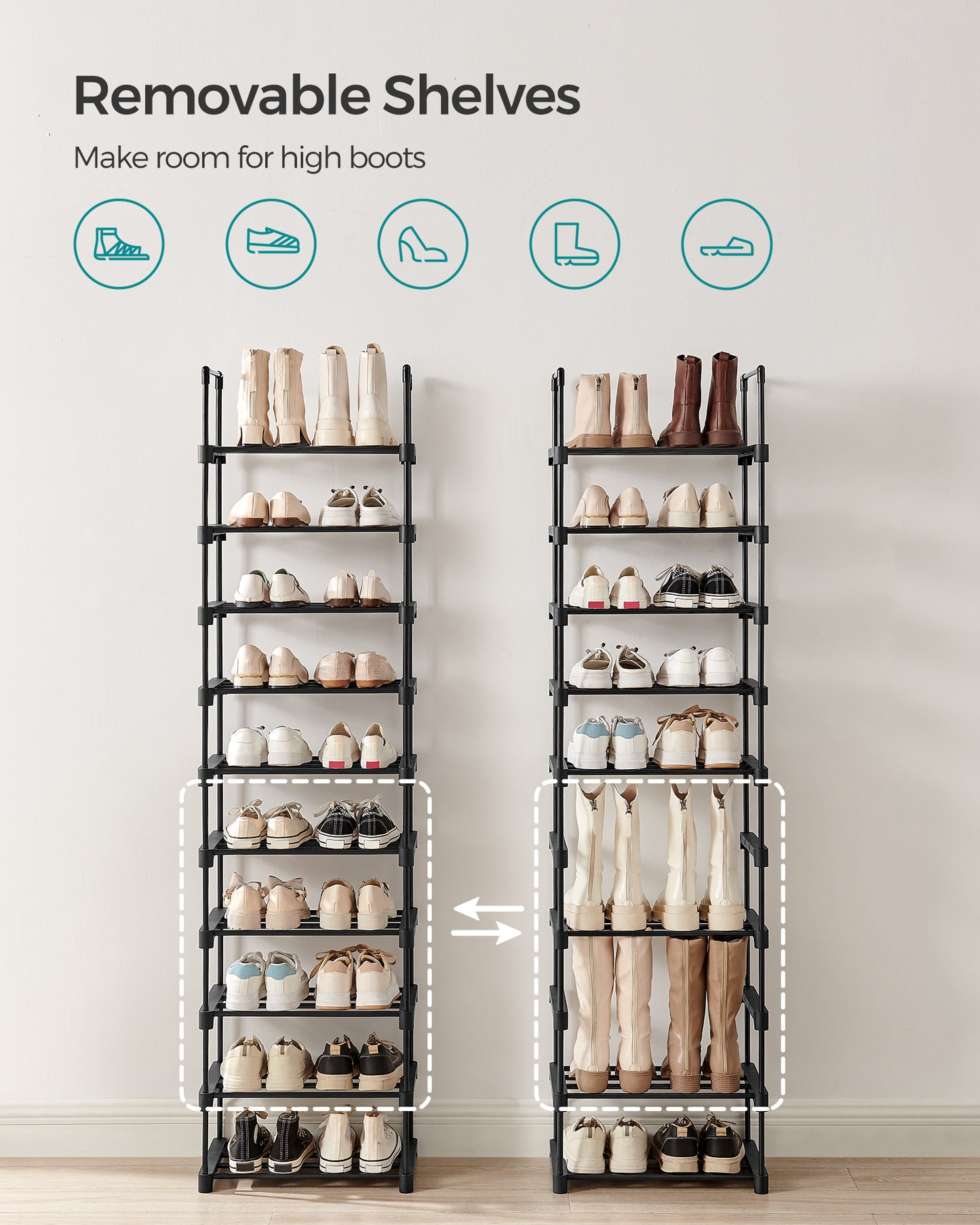 SONGMICS Shoe Rack, 10 Tier Shoe Organizer, Metal Shoe Storage Shelf for 20 Pairs of Shoes, Easy to Assemble, Entryway, Black