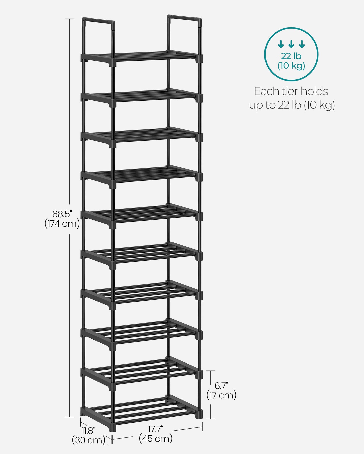 SONGMICS Shoe Rack, 10 Tier Shoe Organizer, Metal Shoe Storage Shelf for 20 Pairs of Shoes, Easy to Assemble, Entryway, Black