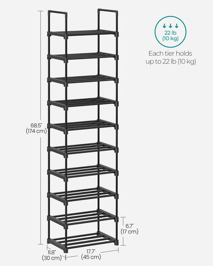 SONGMICS Shoe Rack, 10 Tier Shoe Organizer, Metal Shoe Storage Shelf for 20 Pairs of Shoes, Easy to Assemble, Entryway, Black