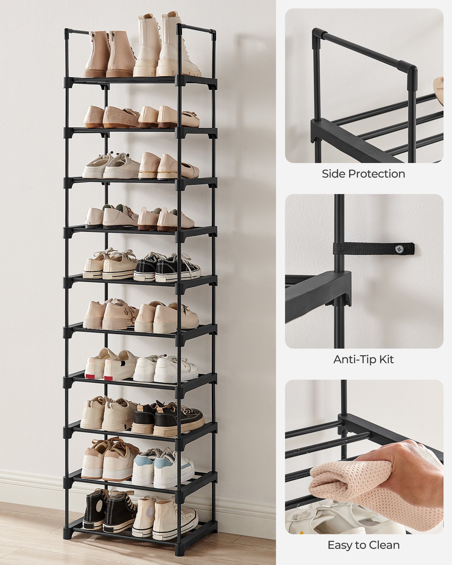SONGMICS Shoe Rack, 10 Tier Shoe Organizer, Metal Shoe Storage Shelf for 20 Pairs of Shoes, Easy to Assemble, Entryway, Black